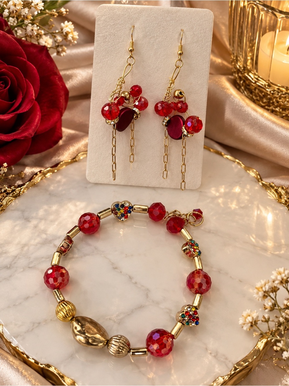 Red Beaded Gold-Tone Bracelet & Drop Earrings Set